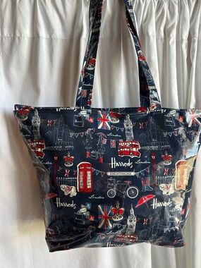 Harrods Navy Tote with Red and White London Motifs